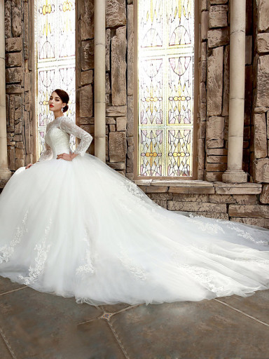 A-line Wedding Dress - White Ivory Court Train Bateau Satin
