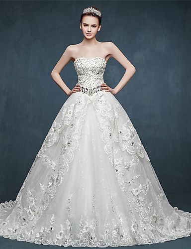 Ball Gown Wedding Dress - White Chapel Train Sweetheart Tulle