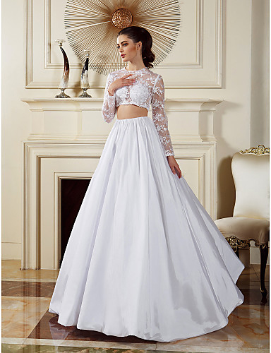 Lan Ting A-line Princess Wedding Dress - White Floor-length Jewel Lace Taffeta