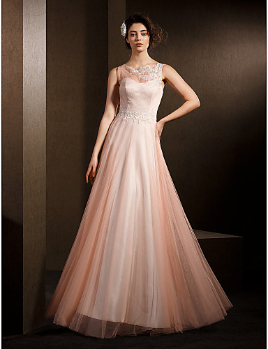 Lan Ting A-line Wedding Dress - Pearl Pink Floor-length Jewel Tulle